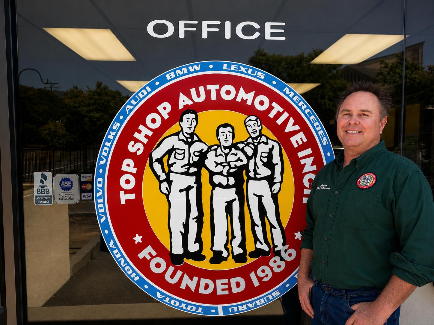 Willie, owner of Top Shop Automotive, standing beside the shop medallion in Santa Barbara